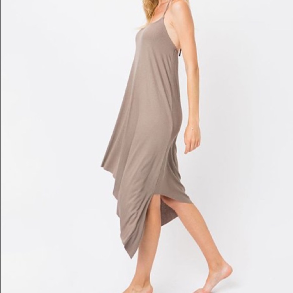 Cozy Casual Asymmetrical Hem Halter Dress in Brown, Sz. S - Picture 3 of 11
